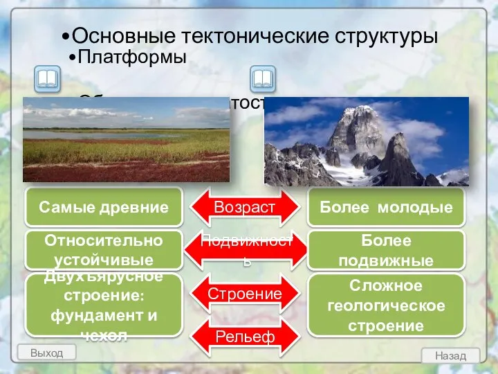 Выход Назад Основные тектонические структуры Платформы Области складчатости Возраст Подвижность Строение