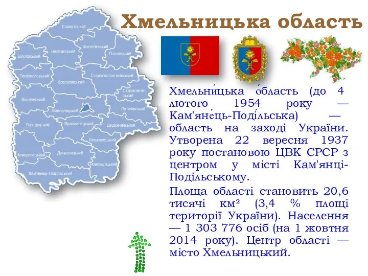 Хмельницька область Хмельни́цька о́бласть (до 4 лютого 1954 року — Кам'яне́ць-Поді́льська)