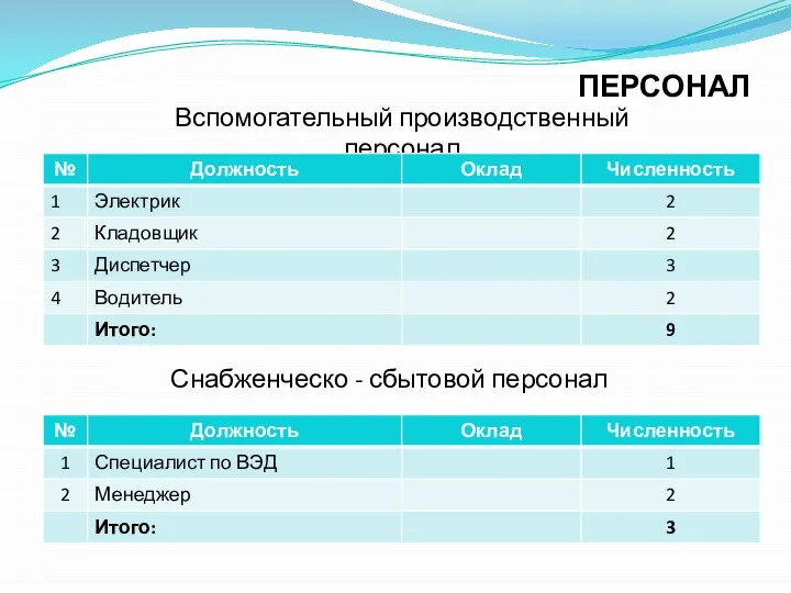 ПЕРСОНАЛ Вспомогательный производственный персонал Снабженческо - сбытовой персонал