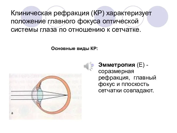 Основные виды КР: Эмметропия (Е) - соразмерная рефракция, главный фокус и