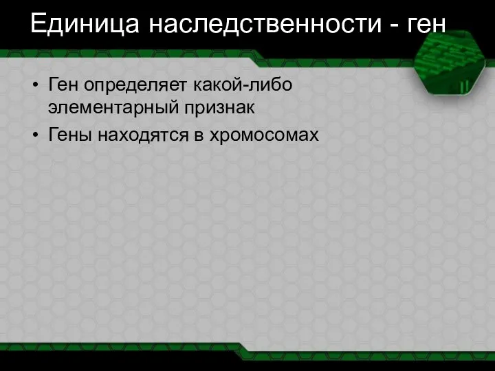 Единица наследственности - ген Ген определяет какой-либо элементарный признак Гены находятся в хромосомах