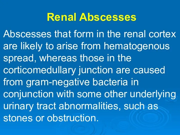 Renal Abscesses Abscesses that form in the renal cortex are likely