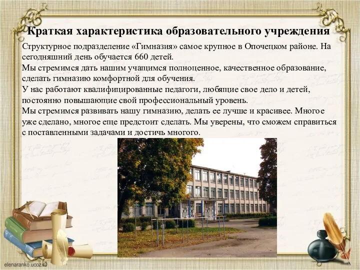 Краткая характеристика образовательного учреждения Структурное подразделение «Гимназия» самое крупное в Опочецком
