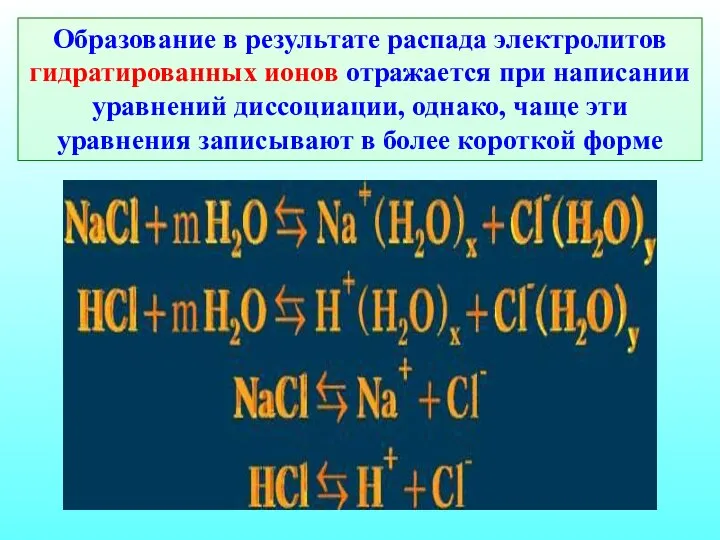 Образование в результате распада электролитов гидратированных ионов отражается при написании уравнений