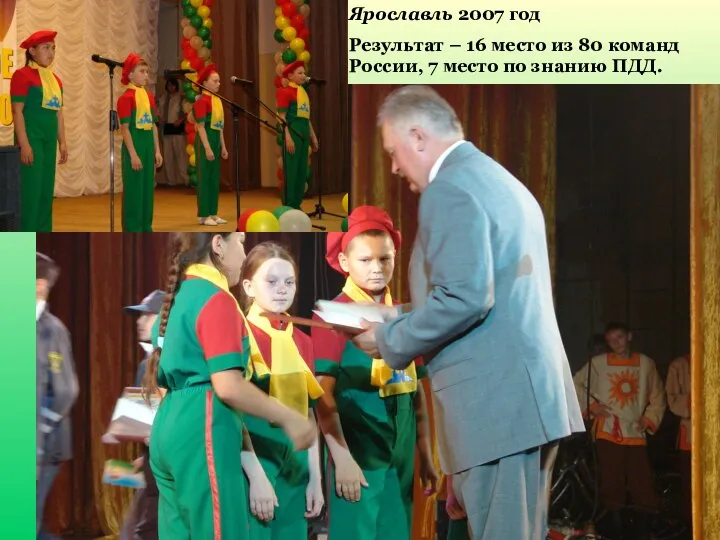 Ярославль 2007 год Результат – 16 место из 80 команд России, 7 место по знанию ПДД.