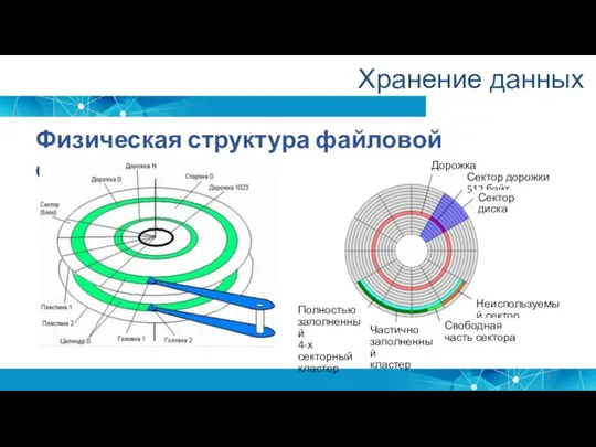 Хранение данных Физическая структура файловой системы Дорожка Сектор дорожки 512 байт