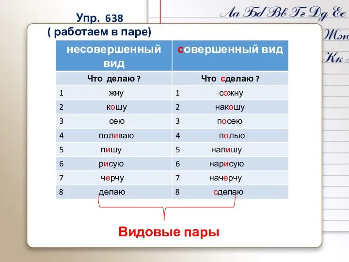 Упр. 638 ( работаем в паре) Видовые пары