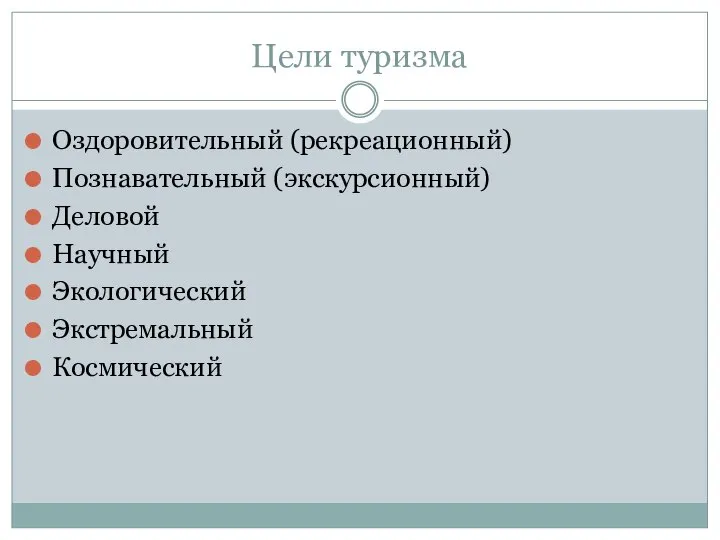 Цели туризма Оздоровительный (рекреационный) Познавательный (экскурсионный) Деловой Научный Экологический Экстремальный Космический