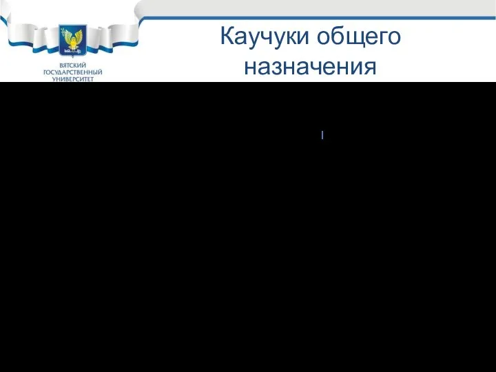 Каучуки общего назначения Натуральный на основе изопрена (СКИ-3): (-СН2-ССН3=СН-СН2-)n Бутадиеновый; (-СН2-СН=СН-СН2-)n