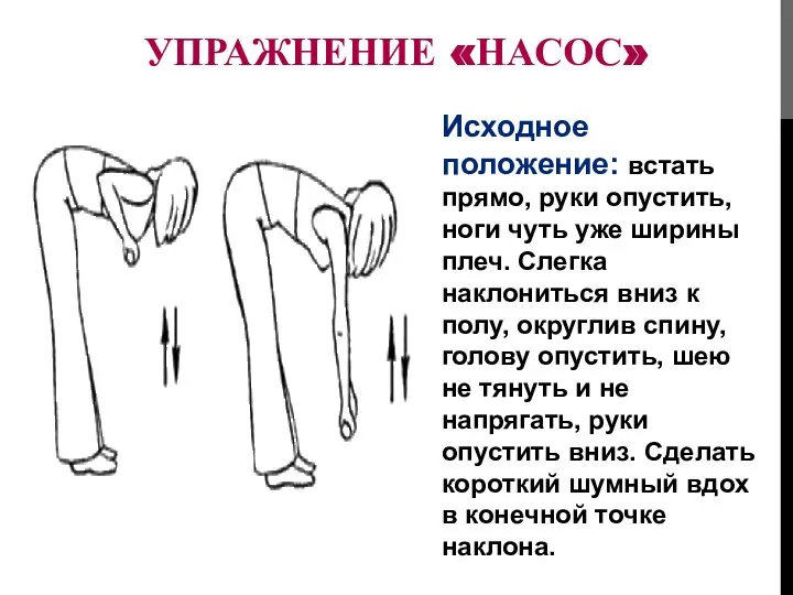 УПРАЖНЕНИЕ «НАСОС» Исходное положение: встать прямо, руки опустить, ноги чуть уже