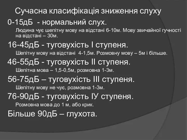 Сучасна класифікація зниження слуху 0-15дБ - нормальний слух. Людина чує шепітну