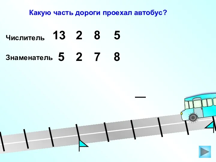 Какую часть дороги проехал автобус? Числитель 5 13 8 2 Знаменатель 5 2 7 8