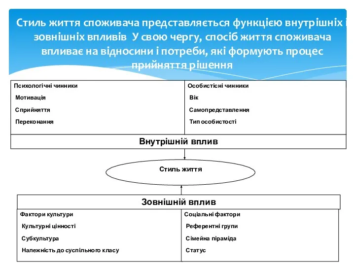 Стиль життя споживача представляється функцією внутрішніх і зовнішніх впливів У свою