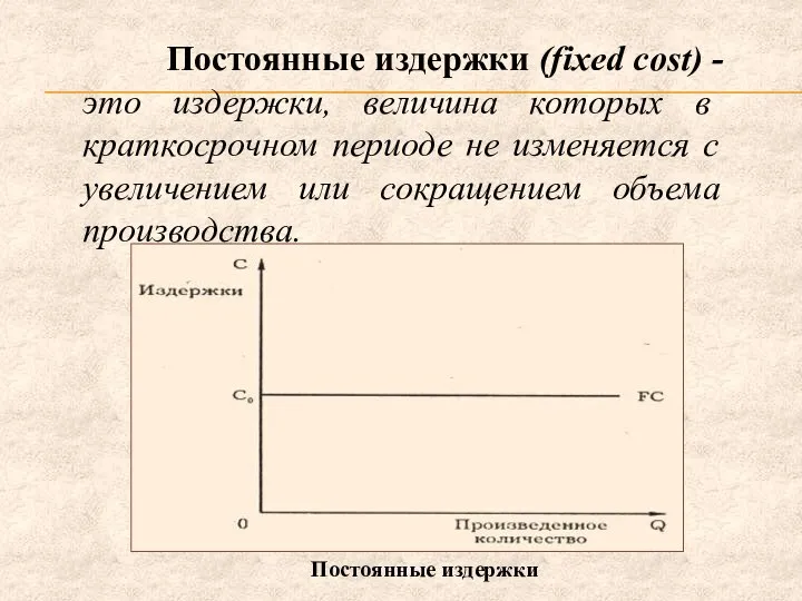 Постоянные издержки Постоянные издержки (fixed cost) - это издержки, величина которых