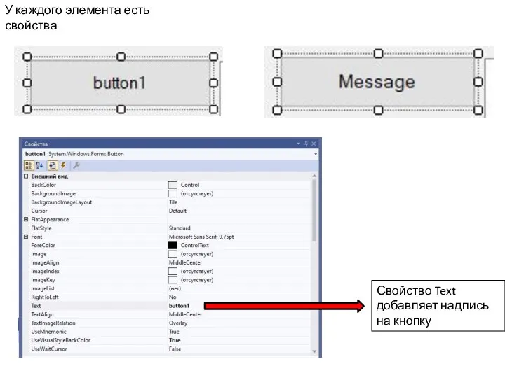 У каждого элемента есть свойства Свойство Text добавляет надпись на кнопку