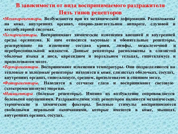 В зависимости от вида воспринимаемого раздражителя Пять типов рецепторов Механорецепторы. Возбуждаются