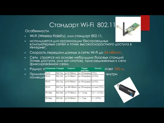 Стандарт Wi-Fi 802.11 Особенности Wi-Fi (Wireless Fidelity), или стандарт 802.11, используется