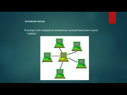 Активная звезда В центре сети содержится компьютер, который выступает в роли сервера.
