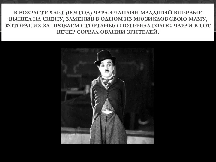В ВОЗРАСТЕ 5 ЛЕТ (1894 ГОД) ЧАРЛИ ЧАПЛИН МЛАДШИЙ ВПЕРВЫЕ ВЫШЕЛ