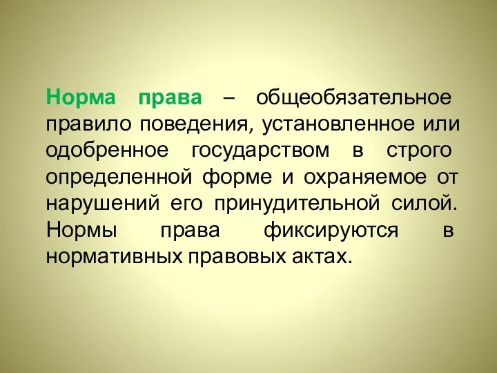 Норма права – общеобязательное правило поведения, установленное или одобренное государством в