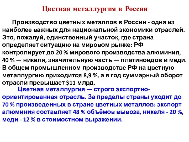 Цветная металлургия в России Производство цветных металлов в России - одна