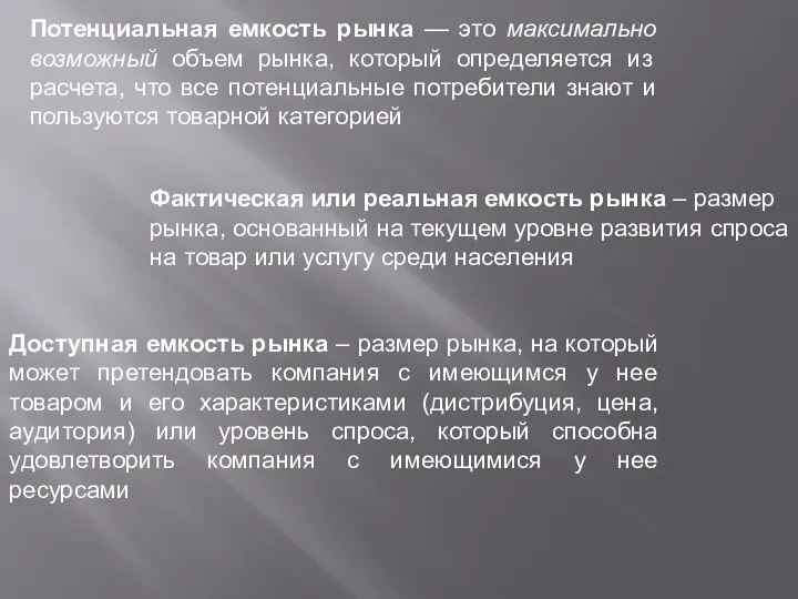 Потенциальная емкость рынка — это максимально возможный объем рынка, который определяется