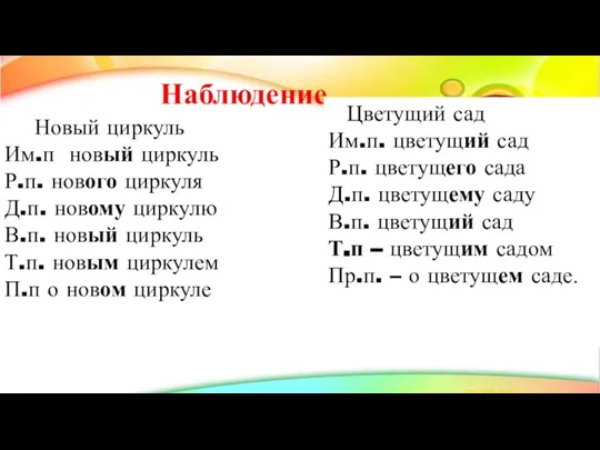 Наблюдение Новый циркуль Им.п новый циркуль Р.п. нового циркуля Д.п. новому