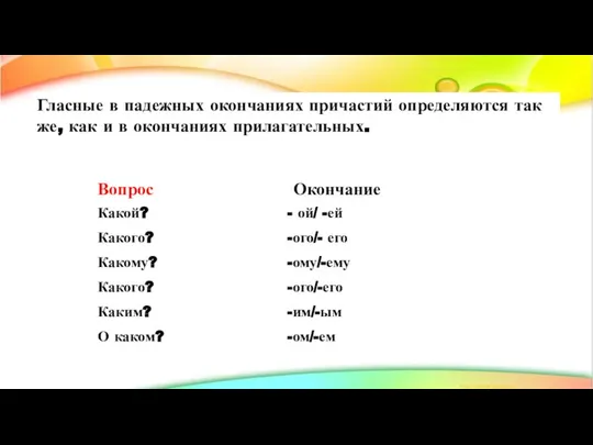 Гласные в падежных окончаниях причастий определяются так же, как и в окончаниях прилагательных.