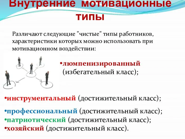 Внутренние мотивационные типы люмпенизированный (избегательный класс); Различают следующие "чистые" типы работников,