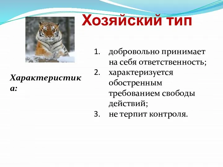 Хозяйский тип добровольно принимает на себя ответственность; характеризуется обостренным требованием свободы действий; не терпит контроля. Характеристика: