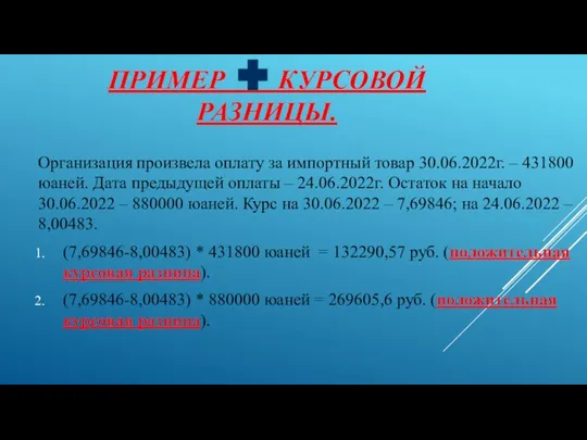 ПРИМЕР КУРСОВОЙ РАЗНИЦЫ. Организация произвела оплату за импортный товар 30.06.2022г. –