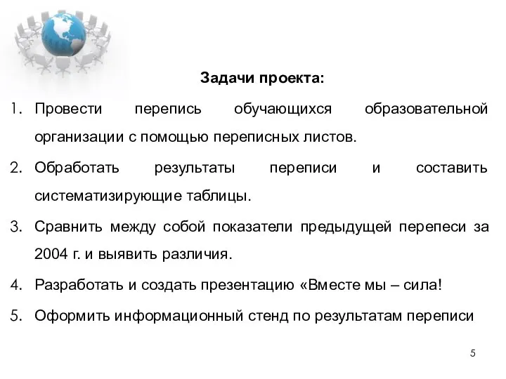 Задачи проекта: Провести перепись обучающихся образовательной организации с помощью переписных листов.