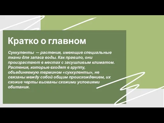 Кратко о главном Суккуленты — растения, имеющие специальные ткани для запаса