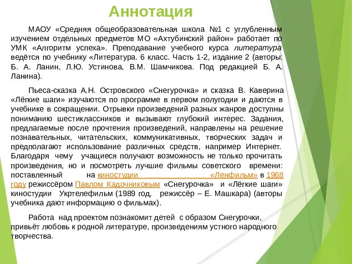 Аннотация МАОУ «Средняя общеобразовательная школа №1 с углубленным изучением отдельных предметов