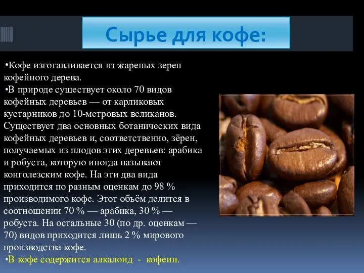 Кофе изготавливается из жареных зерен кофейного дерева. В природе существует около