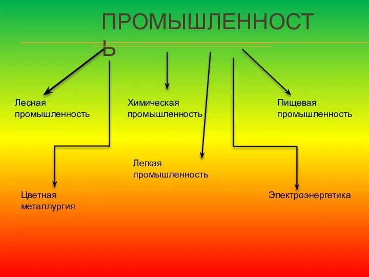 ПРОМЫШЛЕННОСТЬ Электроэнергетика Цветная металлургия Лесная промышленность Химическая промышленность Пищевая промышленность Легкая промышленность