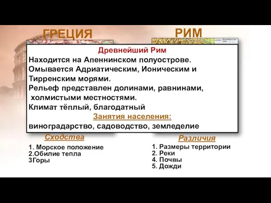 РИМ ГРЕЦИЯ Сходства Различия 1. Размеры территории 2. Реки 4. Почвы