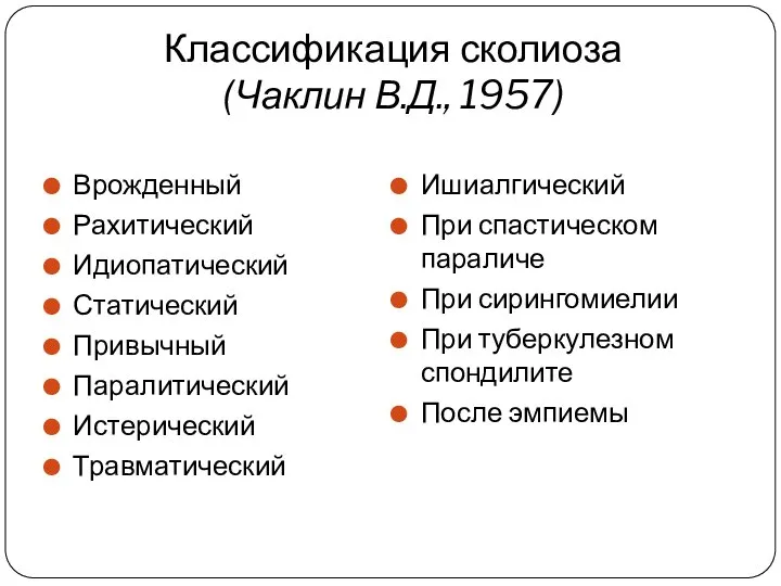 Врожденный Рахитический Идиопатический Статический Привычный Паралитический Истерический Травматический Ишиалгический При спастическом