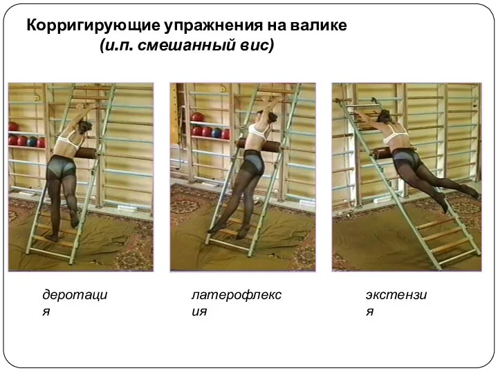 Корригирующие упражнения на валике (и.п. смешанный вис) деротация латерофлексия экстензия