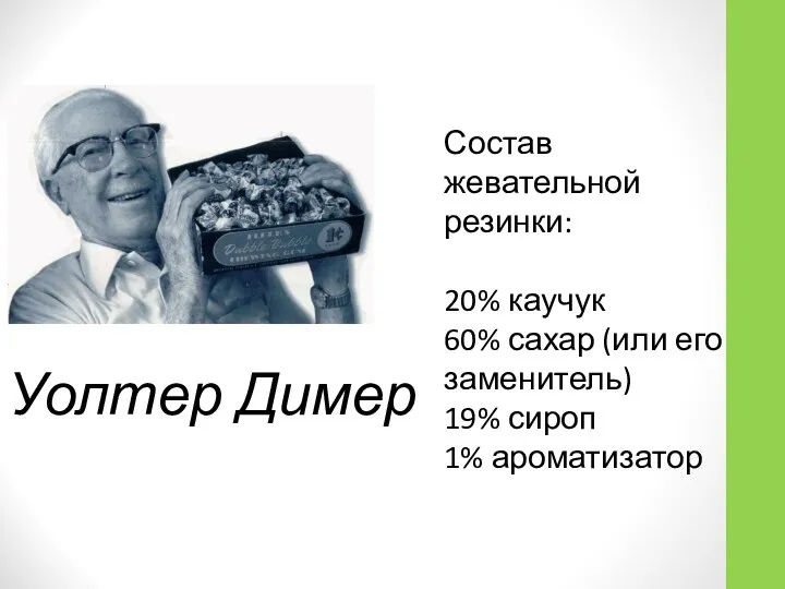 Уолтер Димер Состав жевательной резинки: 20% каучук 60% сахар (или его заменитель) 19% сироп 1% ароматизатор