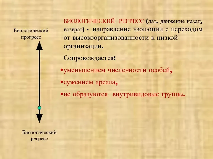 Биологический регресс Биологический прогресс БИОЛОГИЧЕСКИЙ РЕГРЕСС (лат. движение назад, возврат) -