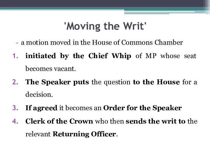 'Moving the Writ' a motion moved in the House of Commons