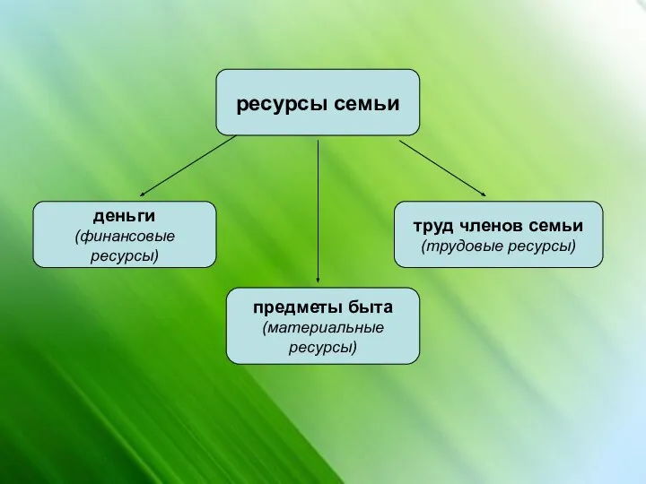 ресурсы семьи деньги (финансовые ресурсы) предметы быта (материальные ресурсы) труд членов семьи (трудовые ресурсы)