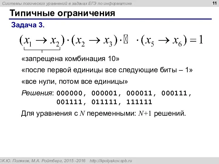 Типичные ограничения Задача 3. «запрещена комбинация 10» Решения: 000000, 000001, 000011,