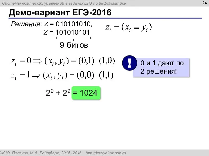 Демо-вариант ЕГЭ-2016 Решения: Z = 010101010, Z = 101010101 29 + 29 = 1024 9 битов