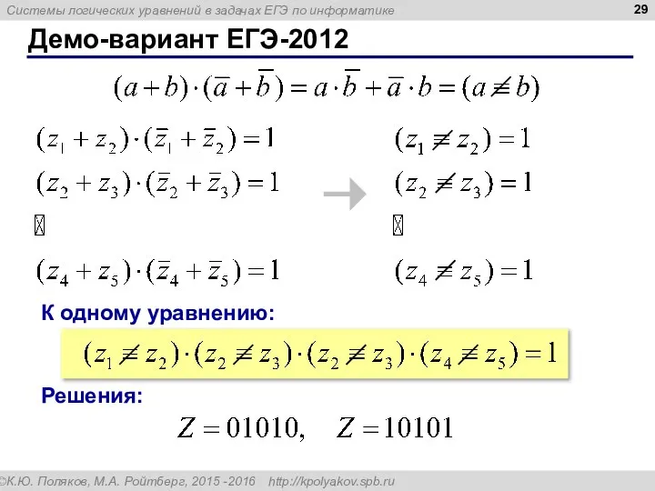 Демо-вариант ЕГЭ-2012 К одному уравнению: Решения: