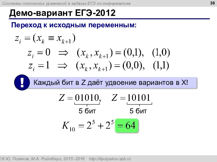 Демо-вариант ЕГЭ-2012 Переход к исходным переменным: 5 бит 5 бит