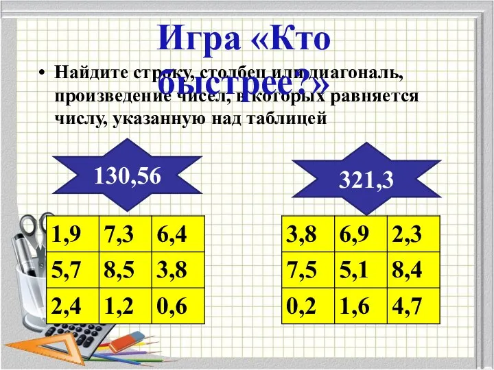 Найдите строку, столбец или диагональ, произведение чисел, в которых равняется числу,