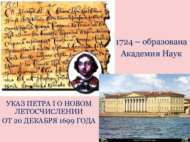 УКАЗ ПЕТРА I О НОВОМ ЛЕТОСЧИСЛЕНИИ ОТ 20 ДЕКАБРЯ 1699 ГОДА 1724 – образована Академия Наук