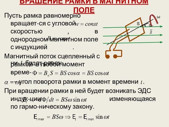 ВРАШЕНИЕ РАМКИ В МАГНИТНОМ ПОЛЕ Пусть рамка равномерно вращает-ся с угловой